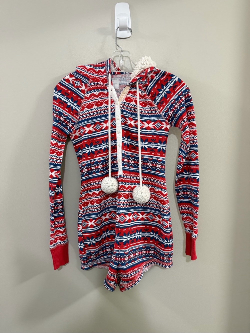Abercrombie & Fitch Red & Navy Fair Isle Hooded Long Sleeve One-Piece Romper.